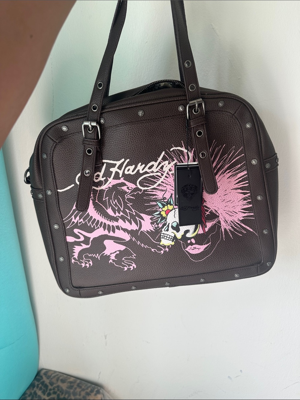 Ed Hardy Brown Satchel with Pink Skull & Eagle Graphic